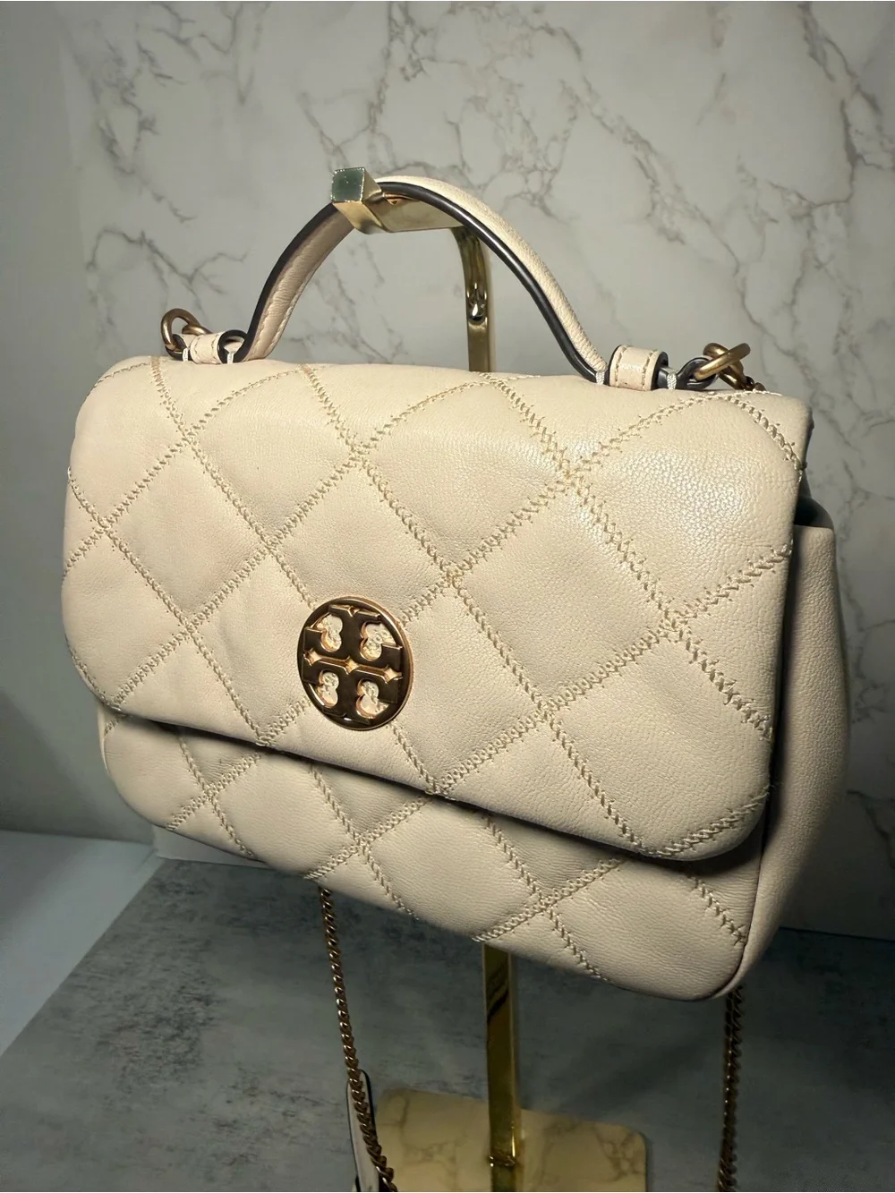 Tory Burch Cream Quilted Leather Chain Crossbody